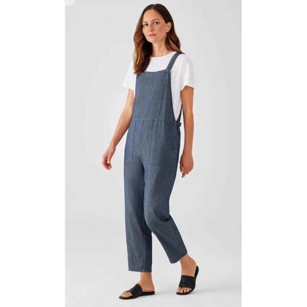 Eileen Fisher Airy Organic Cotton Twill Overalls Chambray Jumpsuit Womens M Boho